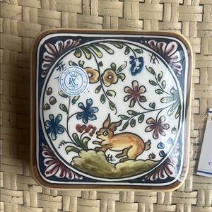 Trinket Box Handpainted Portugal Real Ceramica Ceramic with Floral Design